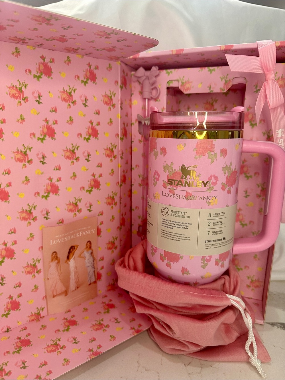 LoveShackFancy Pink Floral Insulated Mug with Handle